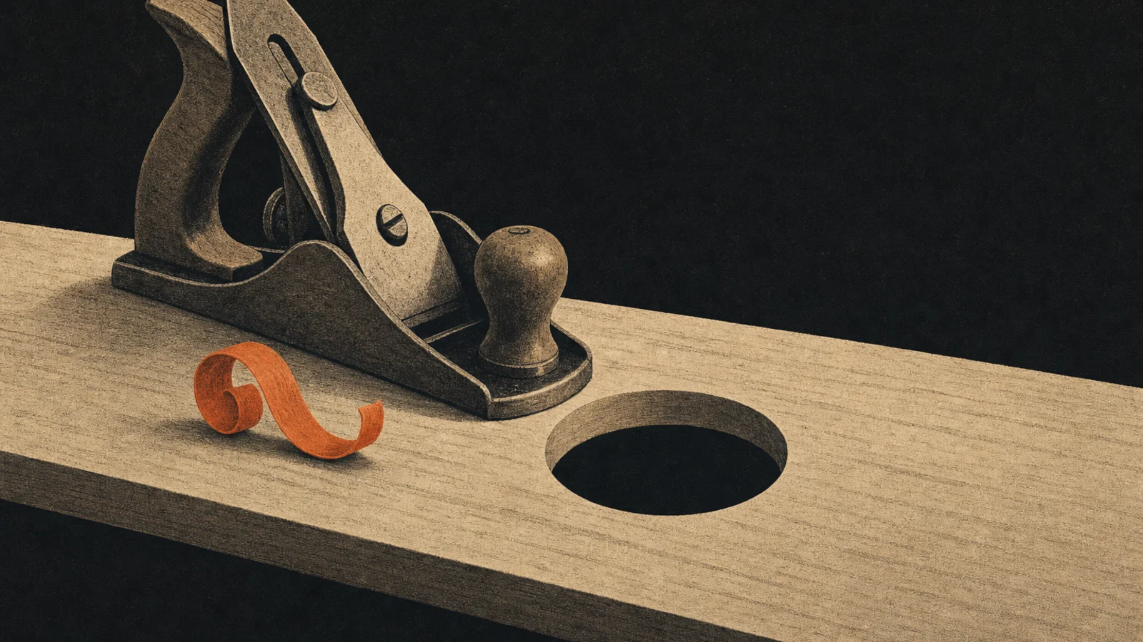 Illustration of a hand plane resting on a smoothly planed board with a hole cut clean through its center, representing surface polish that leaves the missing part missing