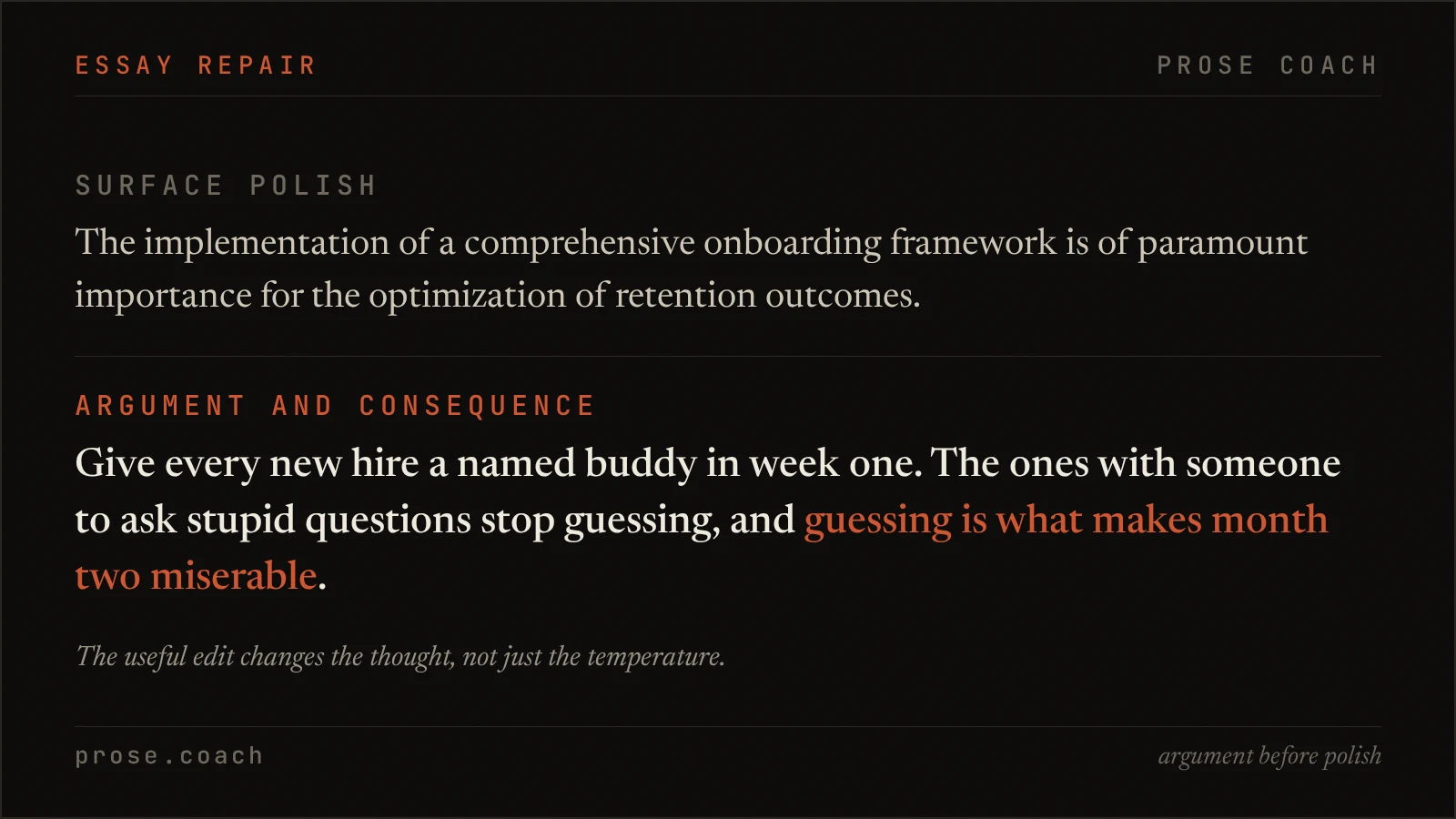 A generic AI-written onboarding claim is contrasted with a specific revision that names an action and consequence.