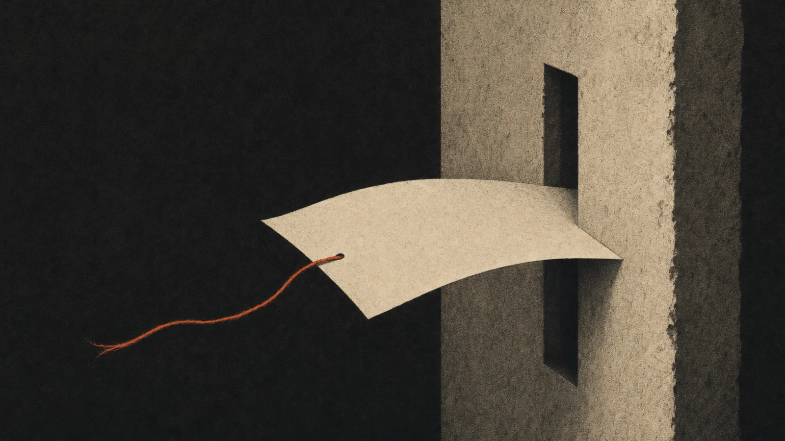 Illustration of a paper document passing through a narrow gate with one orange thread running through it, representing a quality gate in a content pipeline