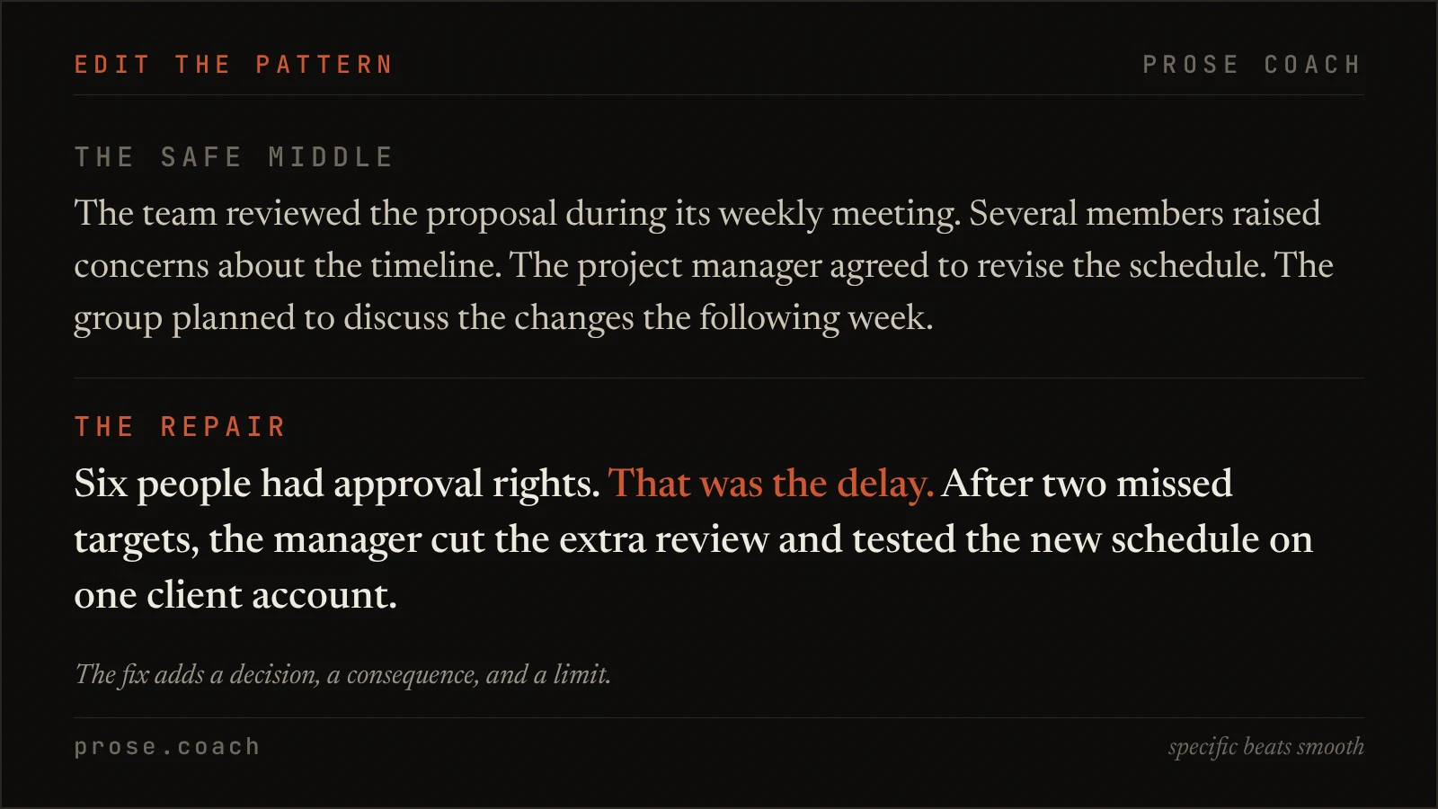A repetitive AI-like paragraph compared with a sharper revision built around a decision and consequence.