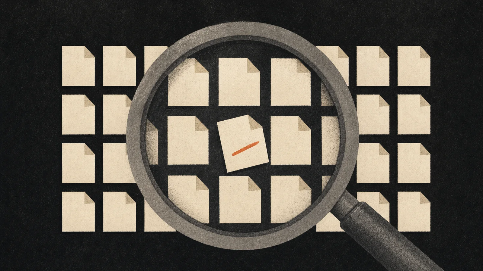 A magnifying glass reveals one broken document pattern inside a grid of repeated pages, illustrating why spotting AI writing depends on clusters rather than one suspicious word.