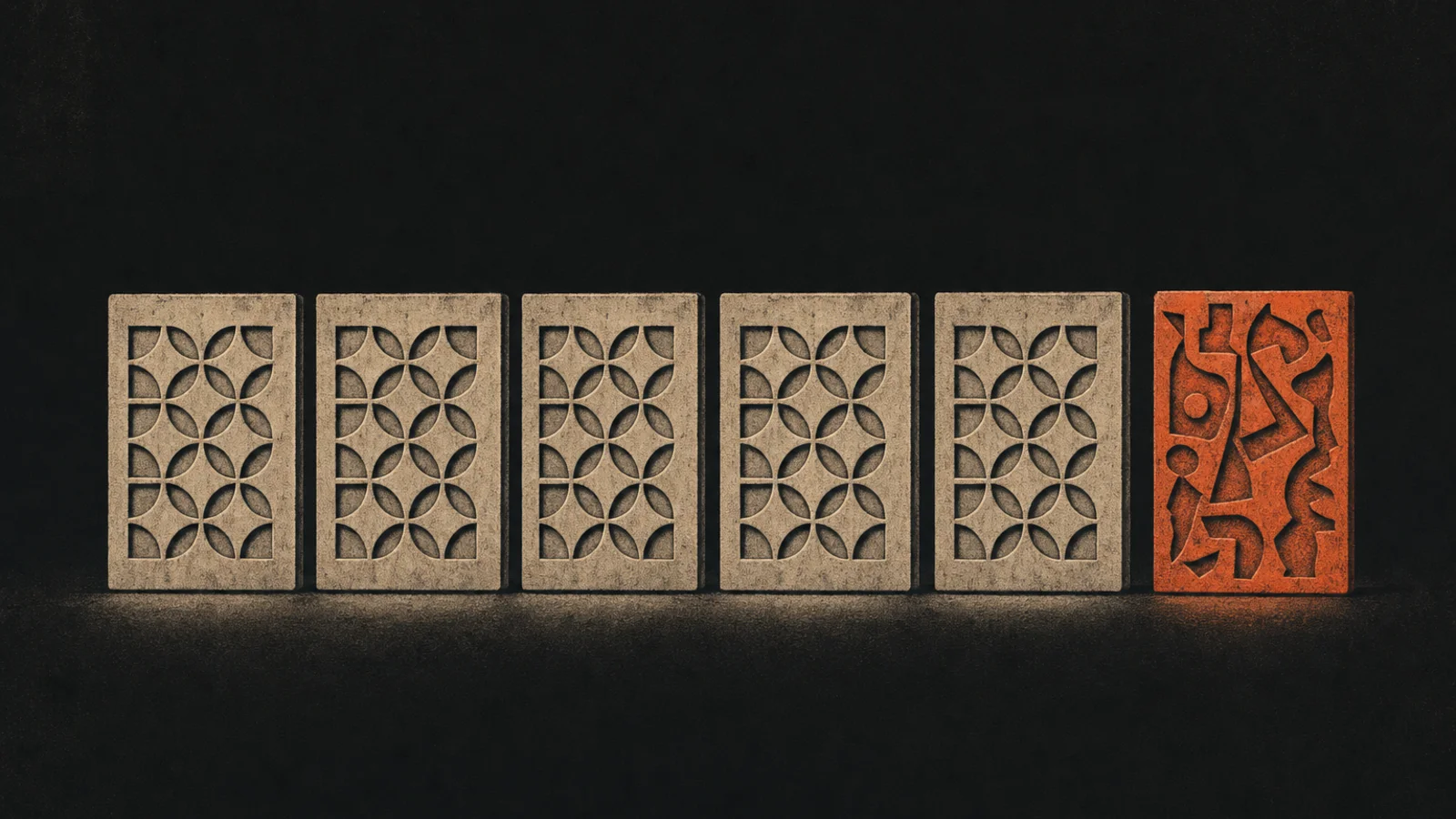 Illustration of five identical printing plates with one plate cut differently, representing tools that produce the same underlying pattern