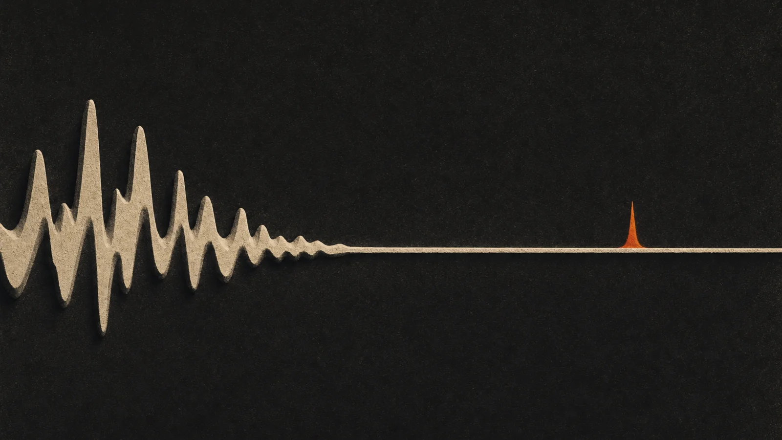 Illustration of a repeating wave flattening across a page with one orange break in the pattern, representing statistical regularity in machine-written text