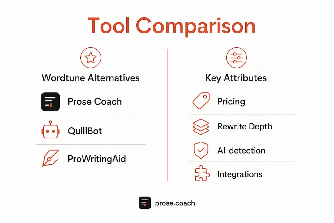 A comparison chart showing Wordtune alternatives and the editing attributes worth evaluating.