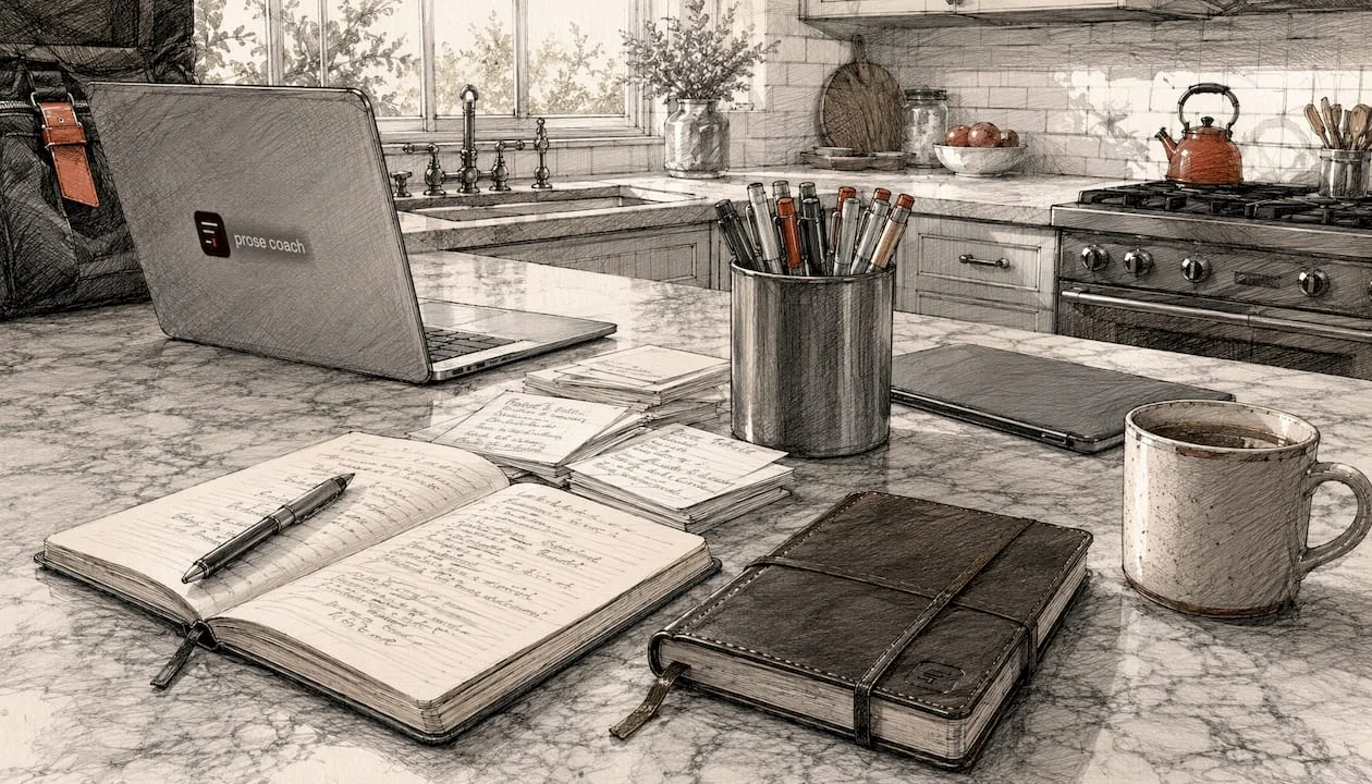 A writer’s desk with several editing tools in reach, representing the need to choose a Wordtune alternative by its job.